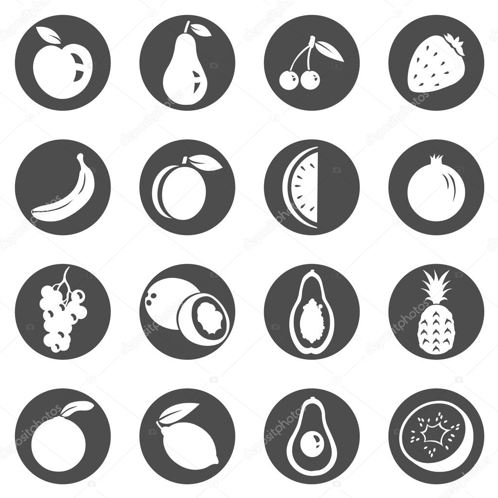 Vector Set of Fruit Icons. Apple, Pear, Cherry, Strawberry, Banana, Peach, Watermelon, Pomegranate, Grapes, Coconut, Papaya, Pineapple, Orange, Lemon, Avocado, Kiwi.
