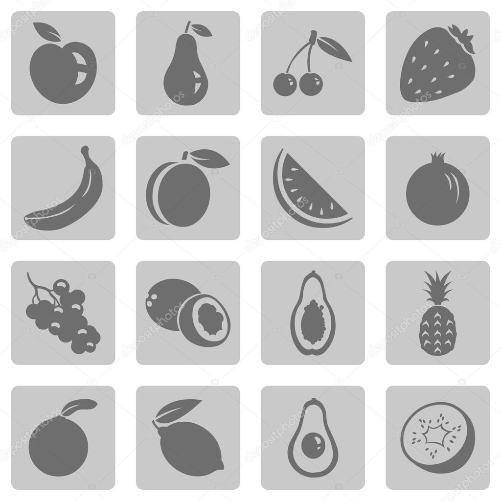 Vector Set of Fruit Icons. Apple, Pear, Cherry, Strawberry, Banana, Peach, Watermelon, Pomegranate, Grapes, Coconut, Papaya, Pineapple, Orange, Lemon, Avocado, Kiwi.