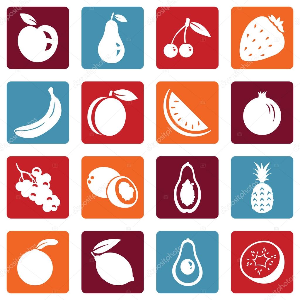 Vector Set of Fruit Icons. Apple, Pear, Cherry, Strawberry, Banana, Peach, Watermelon, Pomegranate, Grapes, Coconut, Papaya, Pineapple, Orange, Lemon, Avocado, Kiwi.