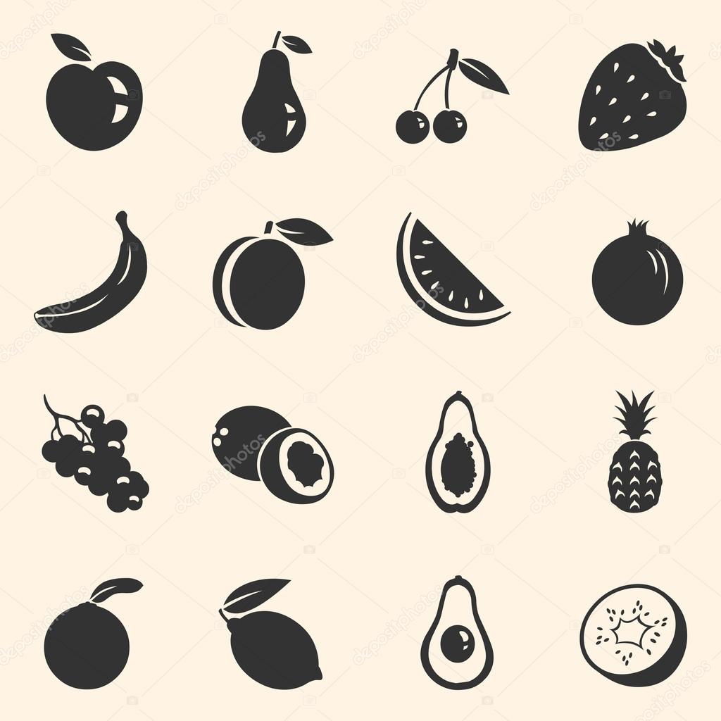 Vector Set of Fruit Icons. Apple, Pear, Cherry, Strawberry, Banana, Peach, Watermelon, Pomegranate, Grapes, Coconut, Papaya, Pineapple, Orange, Lemon, Avocado, Kiwi.