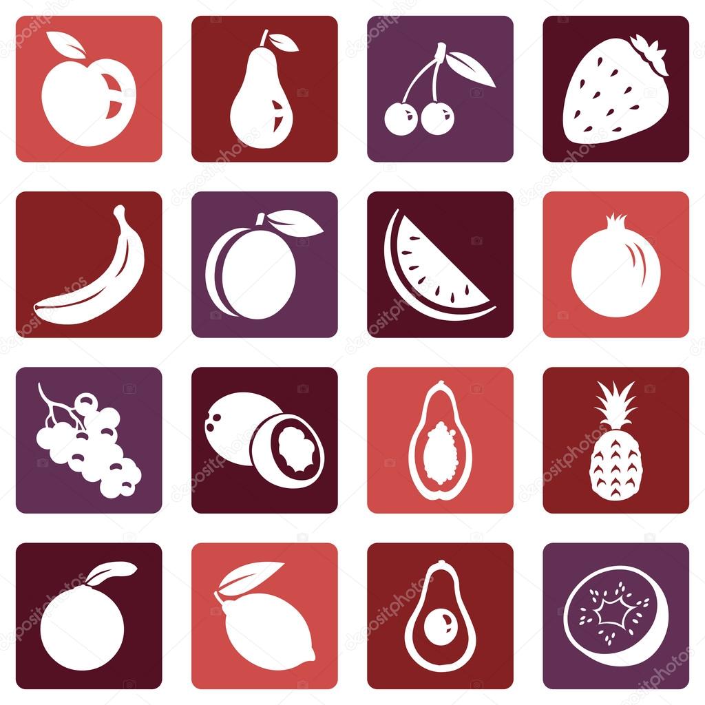 Vector Set of Fruit Icons. Apple, Pear, Cherry, Strawberry, Banana, Peach, Watermelon, Pomegranate, Grapes, Coconut, Papaya, Pineapple, Orange, Lemon, Avocado, Kiwi.