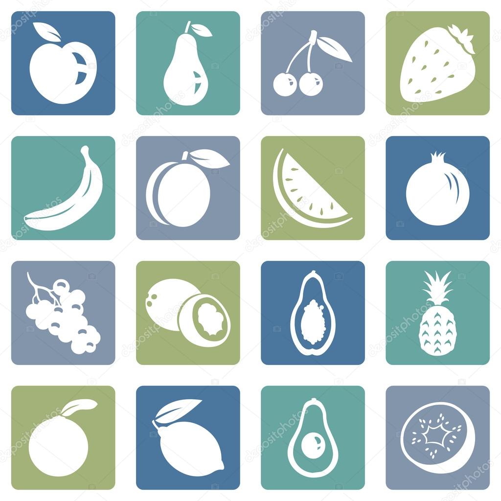 Vector Set of Fruit Icons. Apple, Pear, Cherry, Strawberry, Banana, Peach, Watermelon, Pomegranate, Grapes, Coconut, Papaya, Pineapple, Orange, Lemon, Avocado, Kiwi.