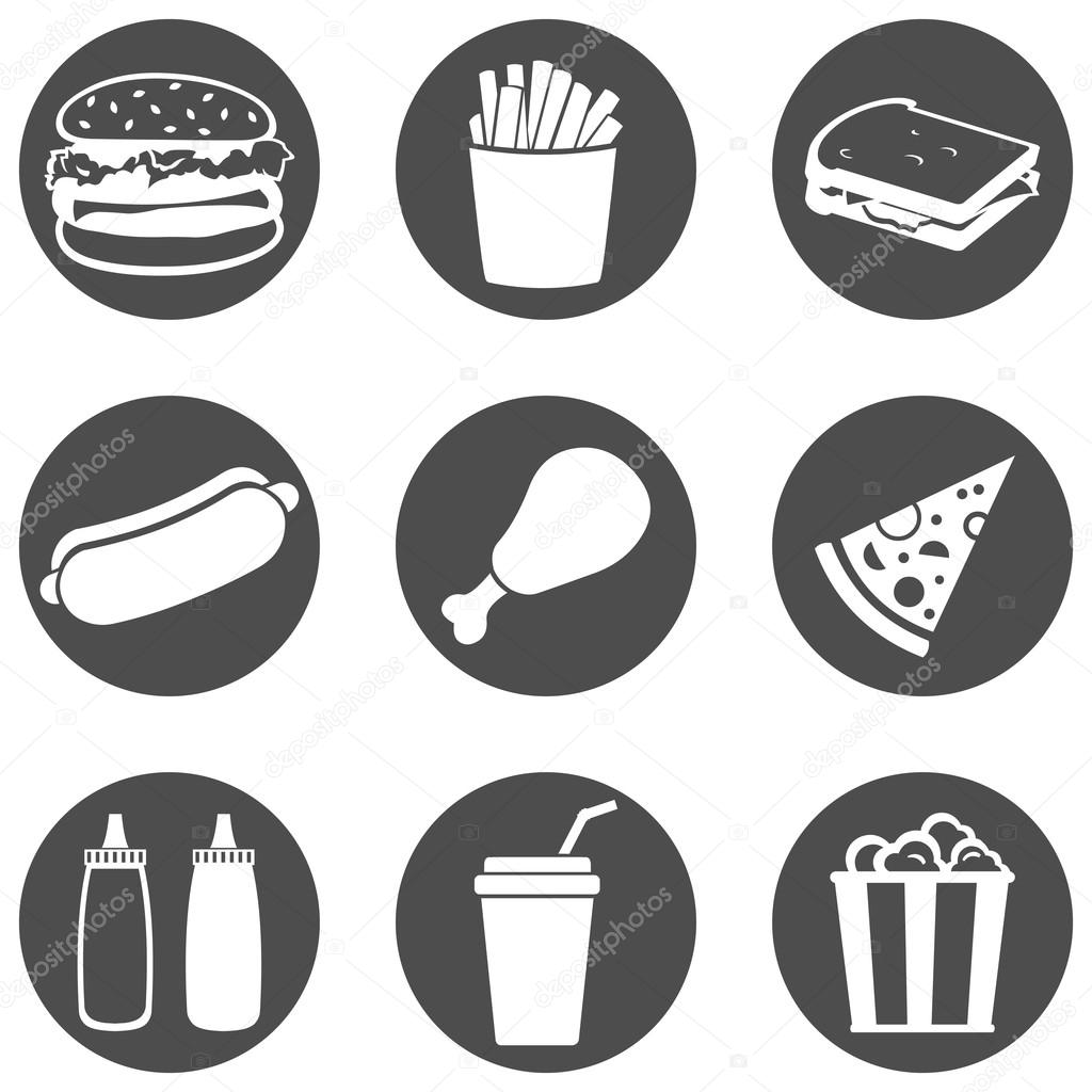 Vector Set of Fast Food Icons.  Fast Food. Junk Food. Hamburger, French Fries, Sandwich, Hot Dog, Chicken, Sauces, Beverage,  Popcorn.