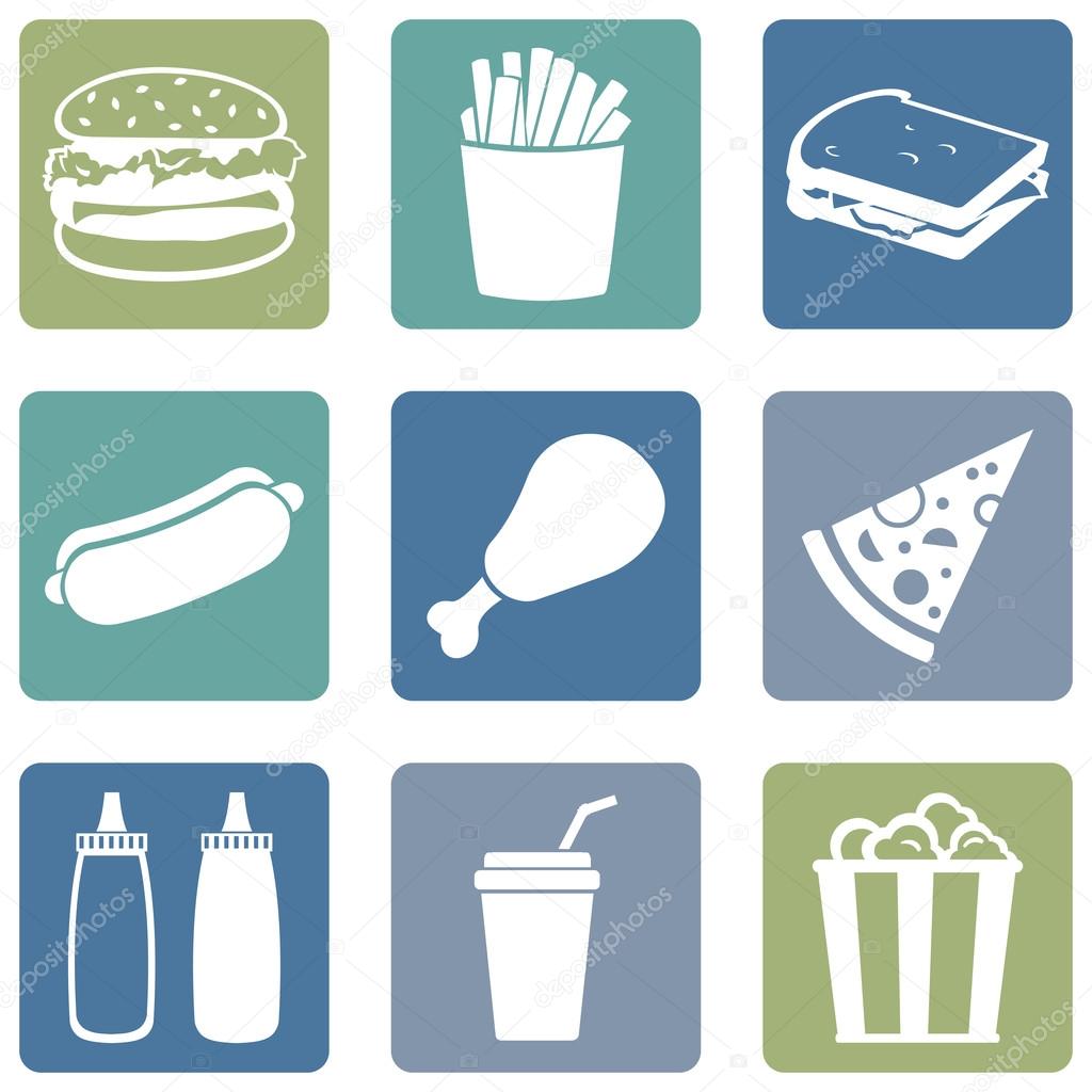 Vector Set of Fast Food Icons.  Fast Food. Junk Food. Hamburger, French Fries, Sandwich, Hot Dog, Chicken, Sauces, Beverage,  Popcorn.