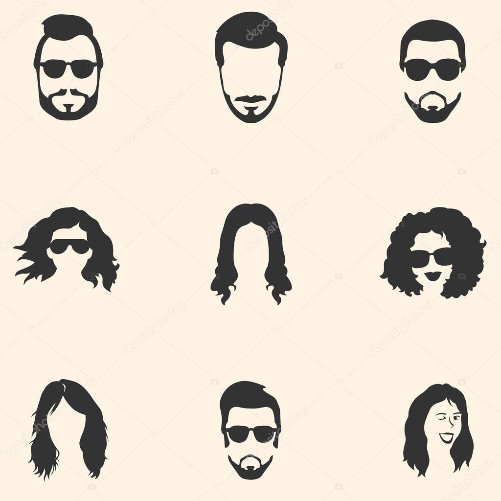 Vector Set of Hairstyles Icons. Hair, Beard, Mustache. Mens and Womens Hairstyles.