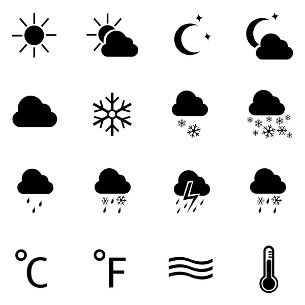Ensemble de 16 icônes météo noires — Image vectorielle