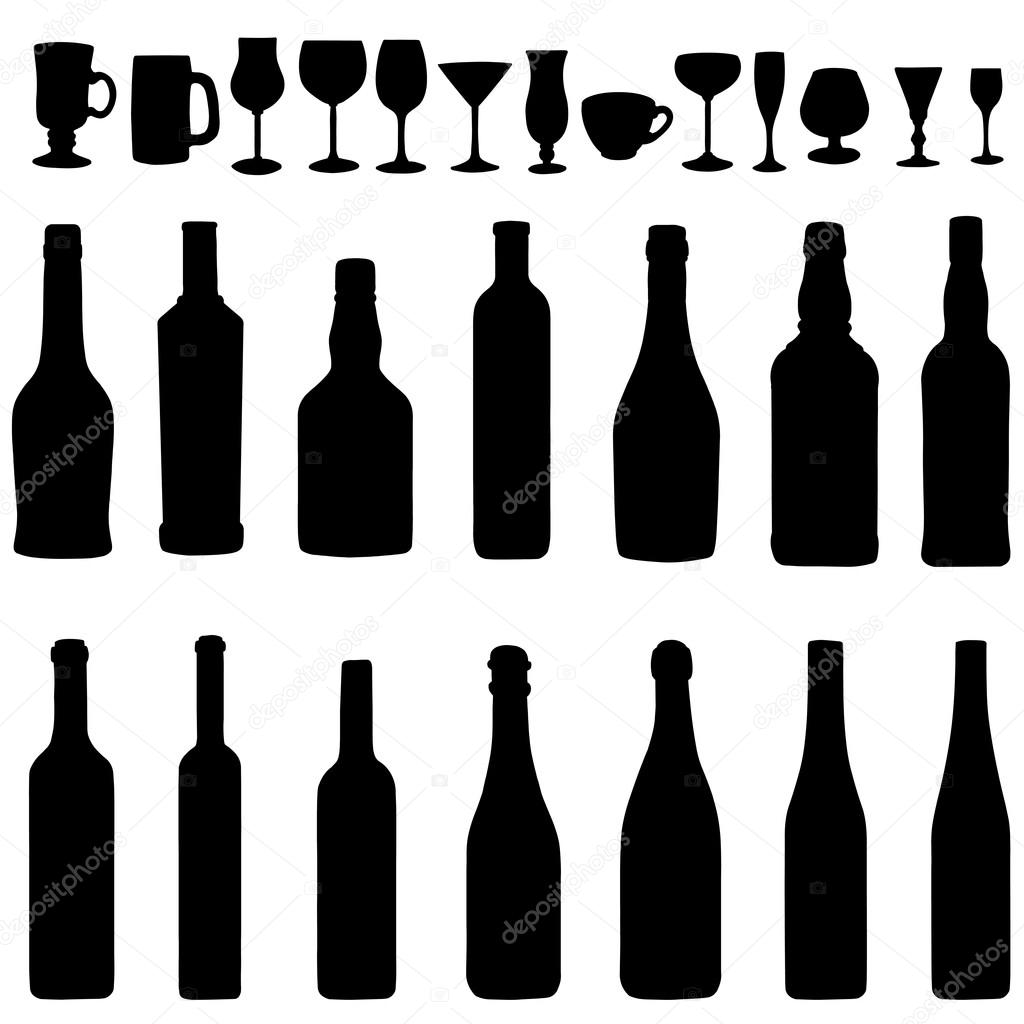 Set  of Bottles and Stemware Silhouettes