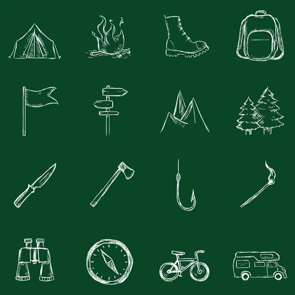 Set van krijt wandelen en Camping pictogrammen — Stockvector