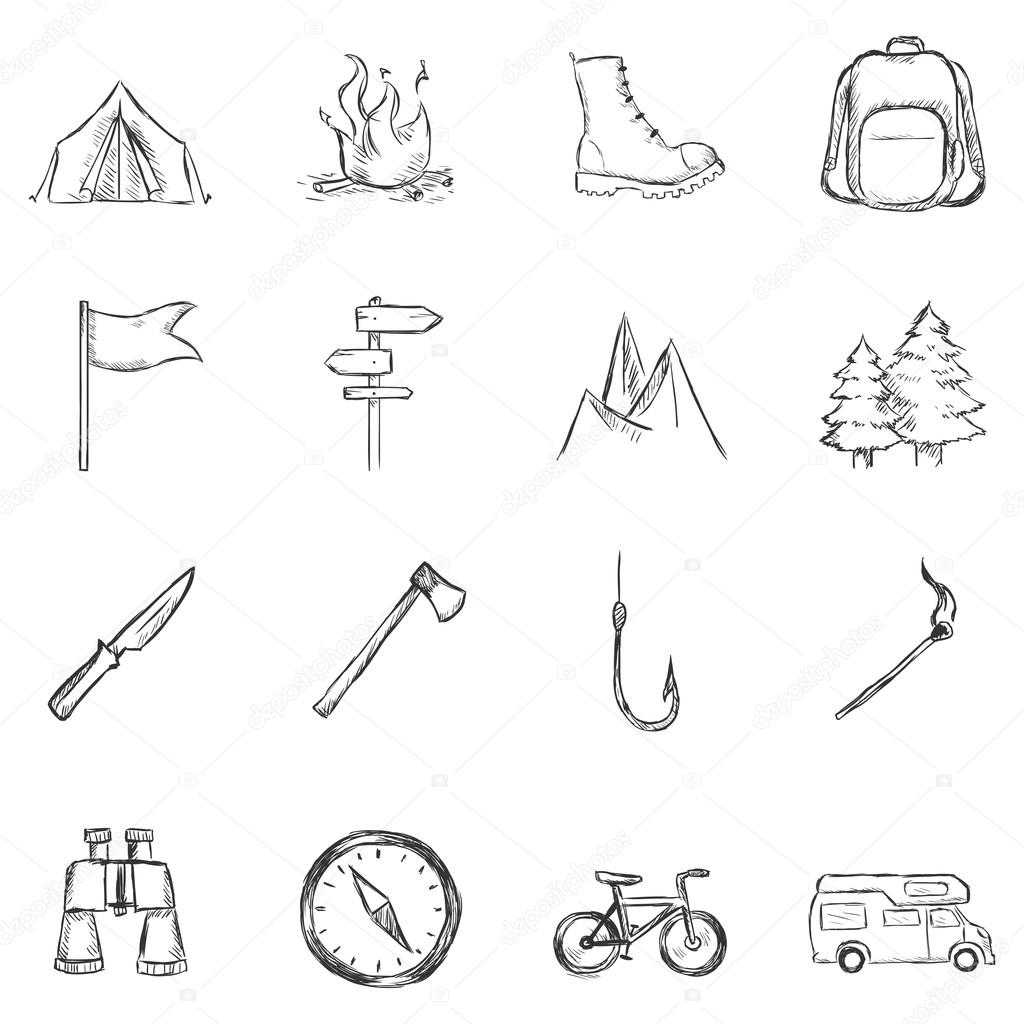 Set of Sketch Hiking and Camping icons