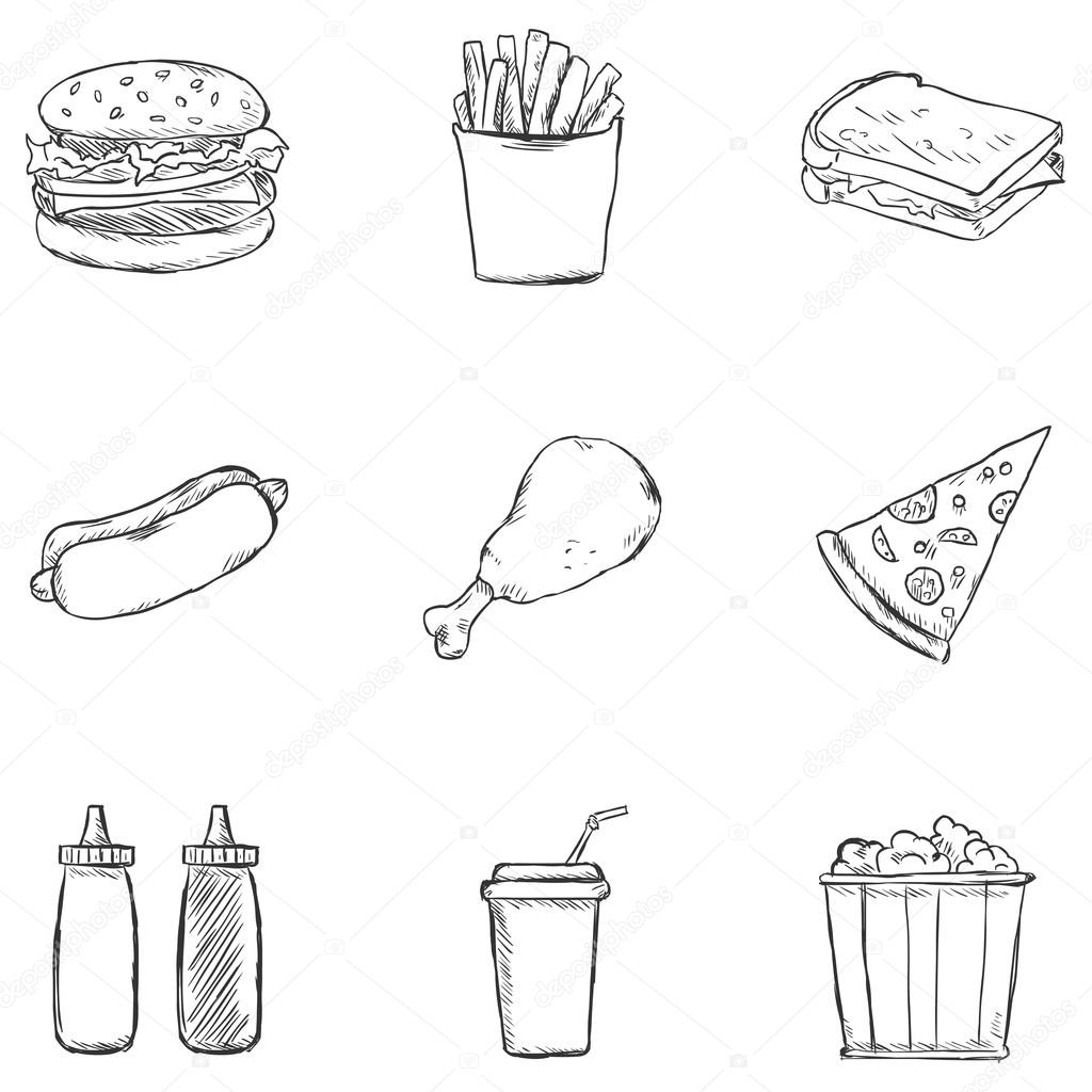 Set of Sketch Fast Food Icons.
