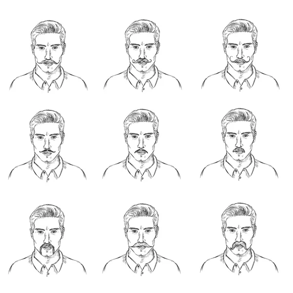 Set of Sketch  Mens Faces with Mustaches — Stock Vector