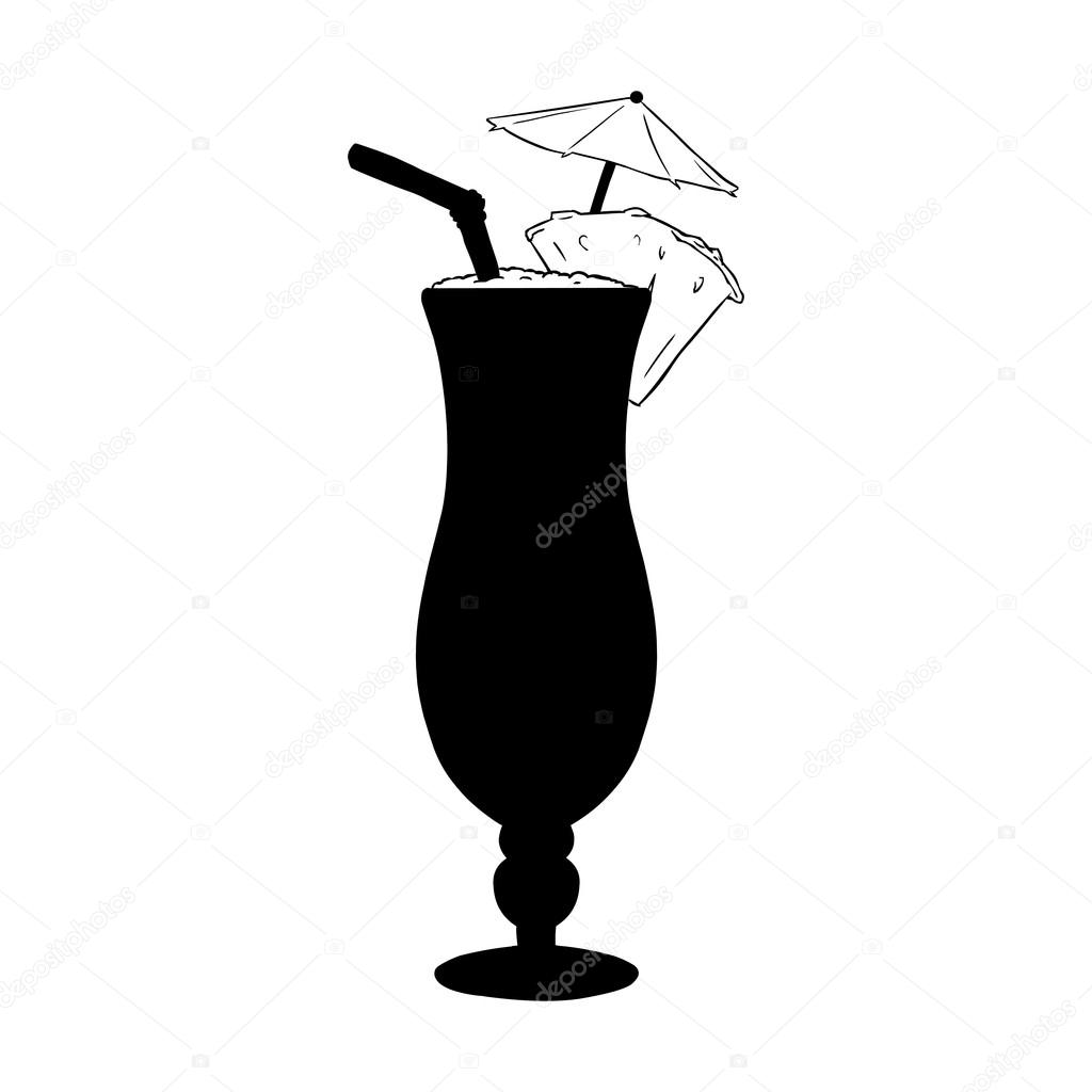 Vector Cocktail Pinot Colada with Pineapple, Umbrella and Straw. Black and White Illustration.