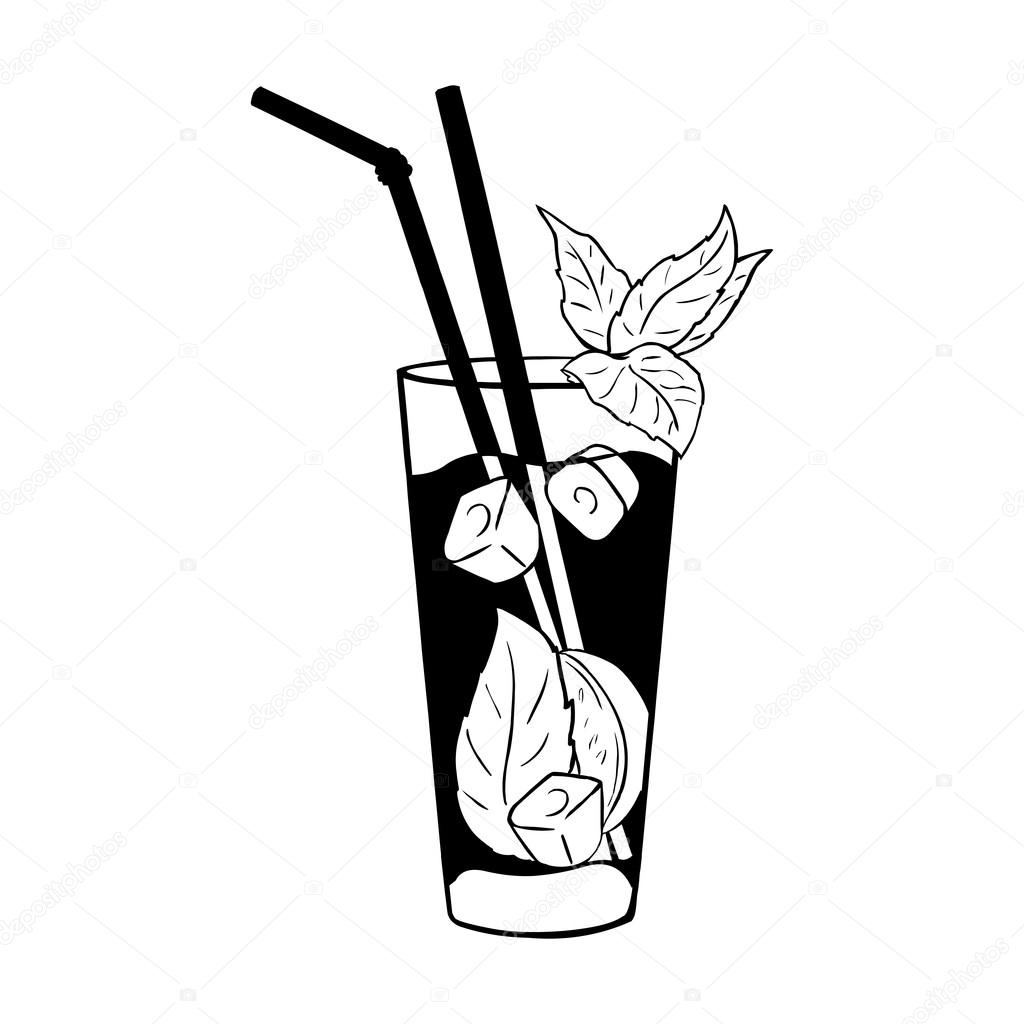 Vector Cocktail Mojito with Mint Leaves and Straws. Black and White Illustration.