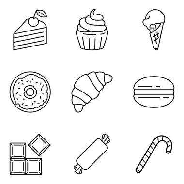 Taslak Tatlı Simgelerinin Vektör Kümesi. Özellikler ve Pasta