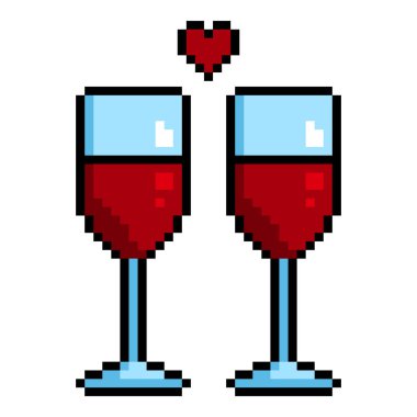 Kırmızı kalpli iki şarap kadehinin vektör pikseli sanat simgesi