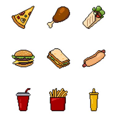 Pikselin vektör kümesi Fast Food Simgeleri