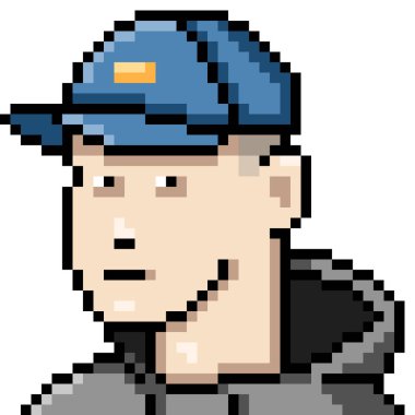 Mavi Beyzbol Şapkalı ve Gri Kapüşonlu Adam 'ın Vector Piksel Sanat Portresi