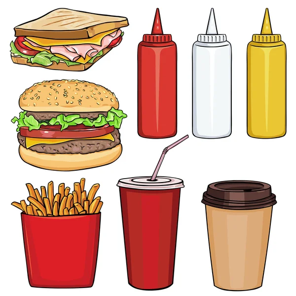 Juego de artículos de comida rápida de dibujos animados — Vector de stock