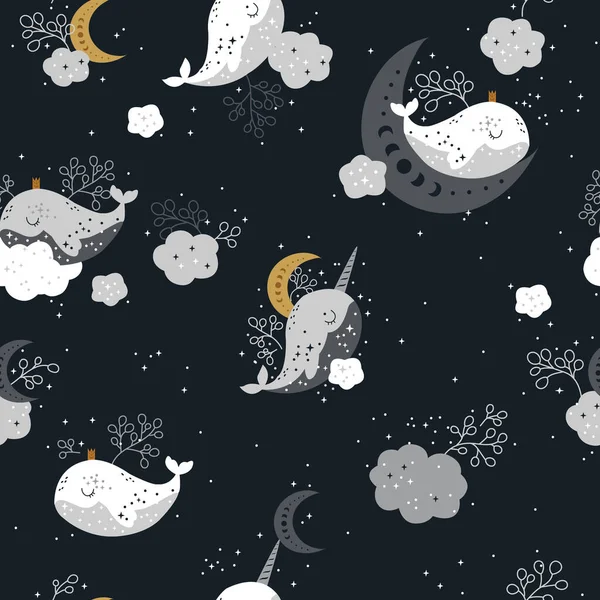 Krásný bezešvý vzor s velrybou, měsícem a hvězdami — Stockový vektor