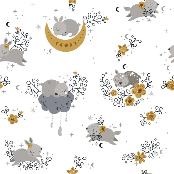 Hermoso patrón sin costura con animales, luna y estrellas — Vector de stock