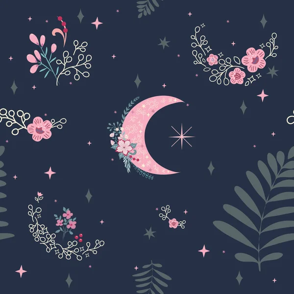 Krásný bezešvý vzor s květinami, Měsíc a hvězdy — Stockový vektor