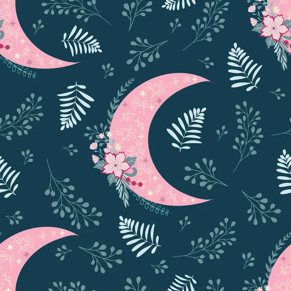 Beautiful Seamless Pattern with Flowers, Moon and Stars — Stock Vector