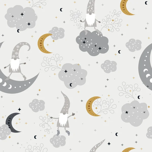 Beautiful Seamless Pattern with Gnomes, Moon and Stars — Vector de stock