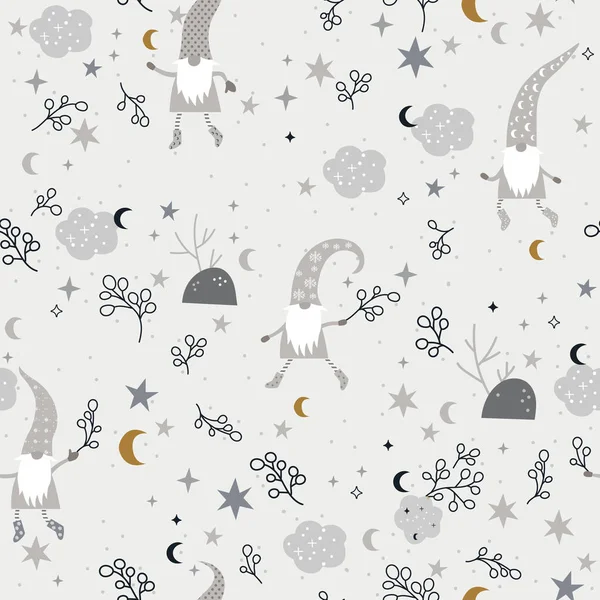 Beautiful Seamless Pattern with Gnomes, Moon and Stars — Stockový vektor