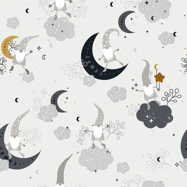 Beautiful Seamless Pattern with Gnomes, Moon and Stars — Vector de stock