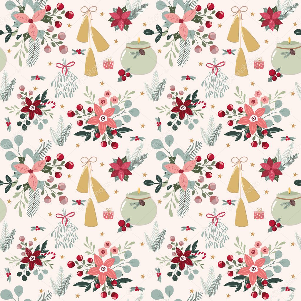 Christmas hand drawn floral seamless vector pattern with candles and bells