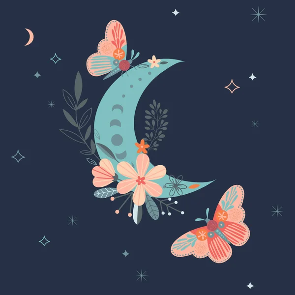 Nebeská karta s motýlem, měsícem a květinami — Stockový vektor