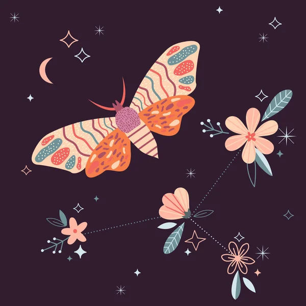 Cartão celestial com borboleta, lua e flores —  Vetores de Stock