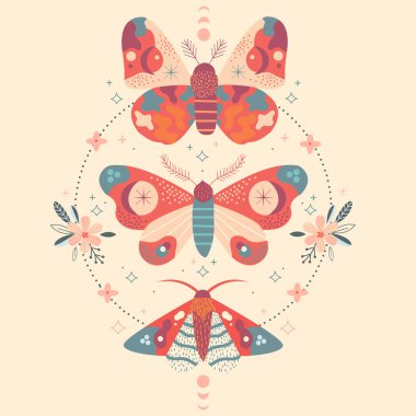 Kelebek, ay ve çiçeklerle dolu göksel kart