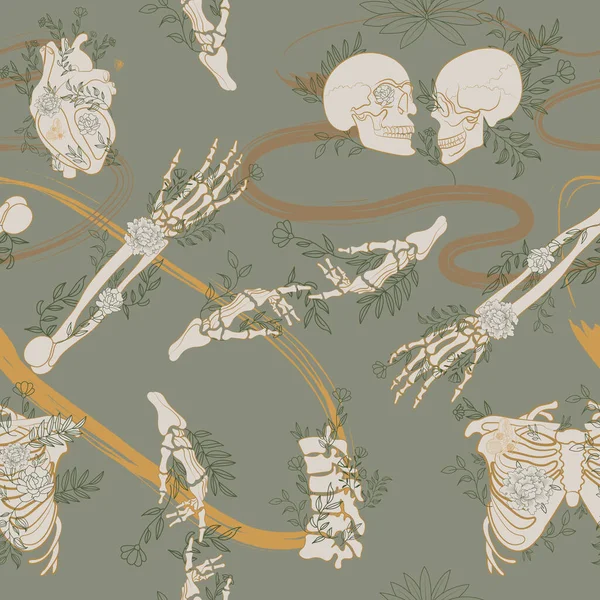 Modello senza cuciture con ossa, cranio e pianta — Vettoriale Stock