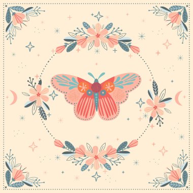 Kelebek, ay ve çiçeklerle dolu göksel kart