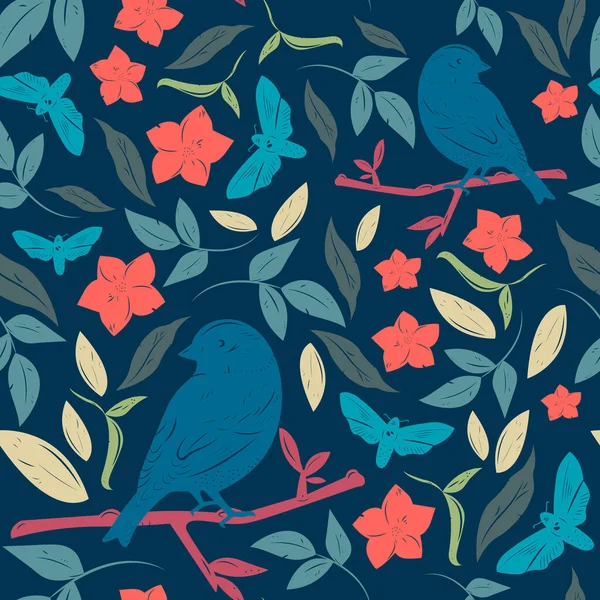 Απρόσκοπτη floral μοτίβο με πουλιά — Διανυσματικό Αρχείο