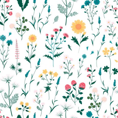 Beyaz arkaplanda yapraklar ve çayır çiçekleriyle kusursuz desen. 