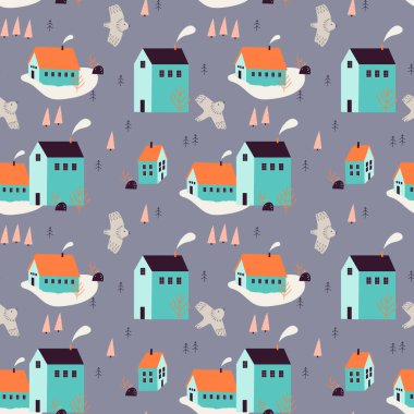 Karalama evlerinde, köknar veya çam ağaçlarında kusursuz desenler var. Vektör illüstrasyonu