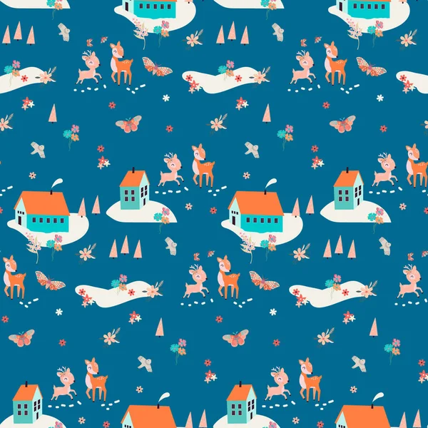 Seamless Pattern Doodle Houses Bambi Fir Pine Trees Vector Illustration — Stock Vector