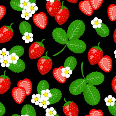 Beyaz zemin üzerinde yabani çilek, çiçek ve yapraklarla ağ, baskı, kumaş dokusu veya duvar kağıdı için vektör çizgi film deseni. 