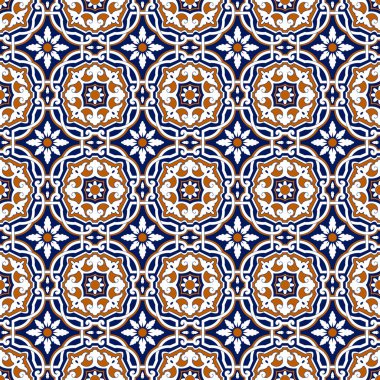 Talavera deseni. Azulejos Portekiz. Türk süsü. Fas fayans mozaiği. İspanyol porseleni. Seramik sofra takımı, halk baskısı. İspanyol çömleği. Etnik kökenli. Akdeniz 'in dikişsiz duvar kağıdı.