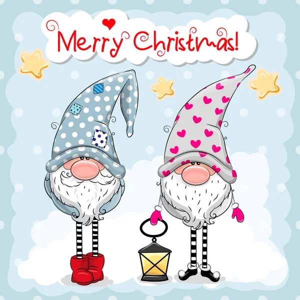 Greeting Christmas Card Two Cute Gnomes Blue Background Vector Illustration — Stock Vector