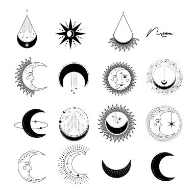 Ay evrelerinin vektör çizimi. Eski oymacılık tarzında mehtap etkinliğinin farklı aşamaları. Zodiac işaretleri. Vektör illüstrasyonu