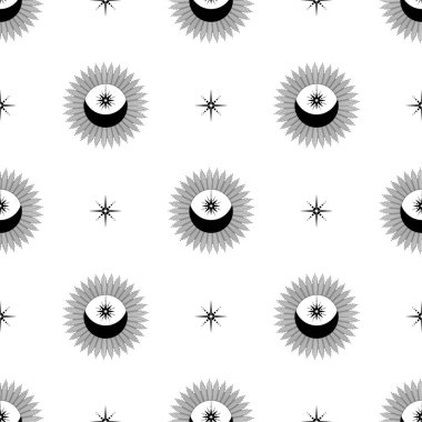 Ay, Güneş ve Yıldızlar. Kusursuz bir geçmişi var. Vektör illüstrasyonu. 