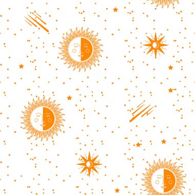 Ay, Güneş ve Yıldızlar. Kusursuz bir geçmişi var. Vektör illüstrasyonu. 