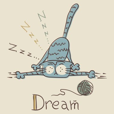 Uyuyan kedi. Tatlı rüyalar. Yazı Şirin tarzında. Vektör illüstrasyonu