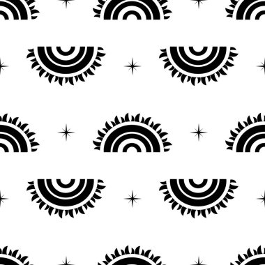 Ay, Güneş ve Yıldızlar. Kusursuz bir geçmişi var. Vektör illüstrasyonu. 