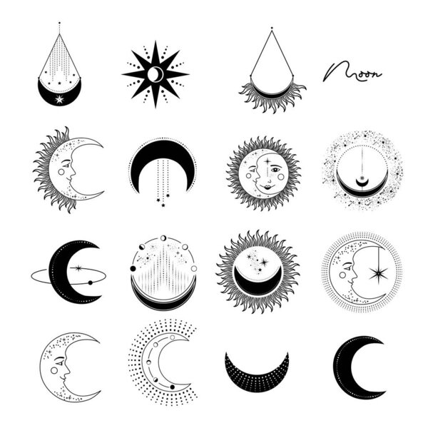 Set of sun. Alchemy mystical magic elements for prints, posters, illustrations and patterns. Black spiritual occultism objects. Vector illustration