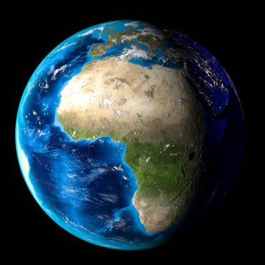Bulutlu Dünya gezegeni, Avrupa ve Afrika. Siyah arka plan. 3d Hazırlama