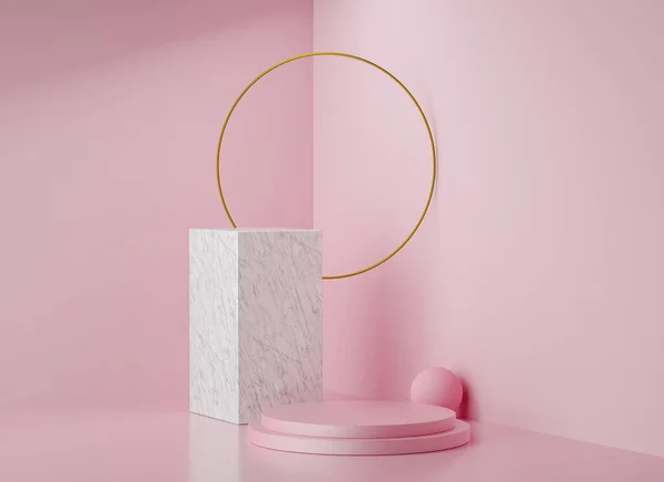 Fondo de la exhibición de la etapa de representación 3d, anillo de oro, soporte de mármol y soporte rosa — Foto de Stock